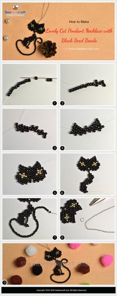 the instructions for making beaded necklaces with beads and bows are shown in several different ways