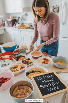 a woman standing in front of a table filled with food