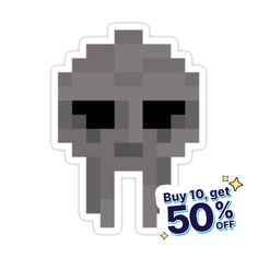 a sticker with an image of a pixel character on it's face and the text buy 10 get 50 % off