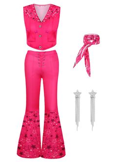 a woman in pink outfit with matching accessories