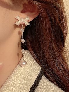 White Glamorous   Zinc Alloy  Dangle Embellished   Jewelry Bling Bows, Long Chain Earrings, Sweet Earrings, Bow Earrings, Fashion Jewelry Earrings, Girly Jewelry, Dream Jewelry