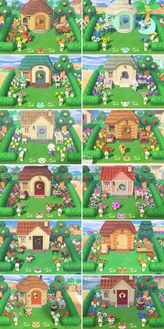 several pictures of different houses and gardens in the same area, each with flowers on them