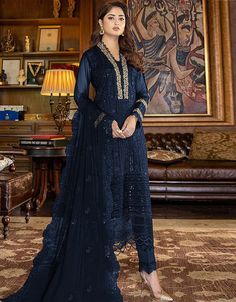 Add this Designer Dress to your collection 😊 Navy Blue Fox Georgette Pant Salwar Suit Click here: https://bit.ly/3T3d1Y7 Get 20% off on Salwar Suits Minimum purchase of $100.00 #arabicattire #trending #womendress #readymade #latestdesign #salwaarkameez #salwaarsuit #womensalwaar #goviral #fashion #buynow #onlineshopping #suitdesign Navy Blue Churidar, Navy Blue Pakistani Dress, Navy Blue Suit Women's, Pant Salwar Suit, Mod Party, Blue Dupatta, Bottom Heavy, Modest Evening Dress, Pakistani Clothes