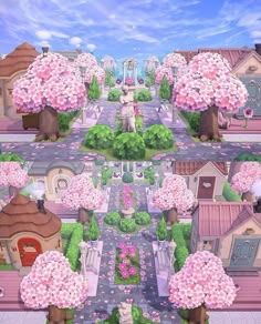 an image of a city with lots of pink flowers on the trees and houses in the background