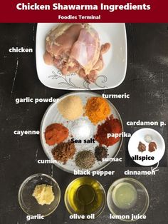 the ingredients for chicken shawama ingredients are shown on a black table with red and white lettering