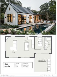 the floor plan for a small house with a pool and living area in front of it