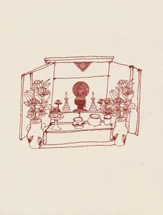 a drawing of a living room with potted plants