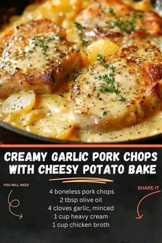 creamy garlic pork chops with cheesy potato bake in a skillet