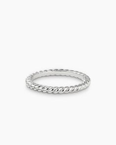 DY Cable Band Ring in Platinum, 2mm Stackable Thick Band Rings In Sterling Silver, White Gold Sterling Silver Stackable Rings With Thick Band, Sterling Silver White Gold Halo Stackable Rings, White Gold Sterling Silver Stackable Halo Rings, White Gold Sterling Silver Halo Stackable Rings, Stackable Platinum Rings With Round Band, Stackable White Gold Engraved Ring In Fine Jewelry Style, Stackable Engraved White Gold Ring In Fine Jewelry Style, Stackable Engraved White Gold Ring