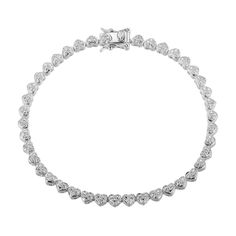 Wrap your wrist in an endearing style when you wear this diamond heart link bracelet. Created in sterling silver Beaded heart-shaped composites shine in a near continuous line. Diamonds add sparkle to the look. Radiant with 1/10 ct. t.w. of diamonds This 7.25-inch bracelet secures with a box clasp. White Diamond Heart-shaped Bracelets, White Heart-shaped Diamond Bracelets, Elegant Silver Heart-shaped Tennis Bracelet, Classic Heart-shaped Tennis Bracelet For Anniversary, Diamond Heart Bracelet In White Gold, White Gold Heart Diamond Bracelet For Valentine's Day, Classic Silver Diamond Heart Bracelet, Heart-shaped White Gold Diamond Bracelet For Valentine's Day, Heart-shaped Cubic Zirconia Tennis Bracelet With Diamond Accents