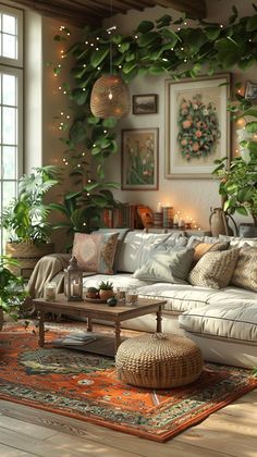 a living room filled with lots of furniture and plants on the wall above it's windows