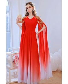 Buy ombre chiffon flowing long sleeves party dress with gold sequin at cheap price online. Free stable shipping and pro custom service since 2009. Shefong Dress Long, Shefong Dress, Acotar Wedding, Ombre Prom Dresses, Blue Ball Gowns, Red Chiffon, Red Party, Chiffon Evening Dresses, Beaded Chiffon