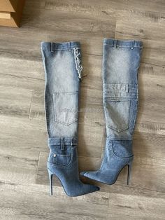 TAAFO Blue Distressed Denim Boots Women Shoes Pocket Zip Long Boots High Heels Ladies Thigh High Boots Blue-5 Trendy Denim Knee-high Boots, Trendy Knee-high Denim Boots, Boots High Heels, Boots Square Toe, Denim Boots, Suede Boots Knee High, Boots High, Long Boots, Boots Women