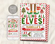 this is an image of a christmas party card and its envelope with the text calling all elves