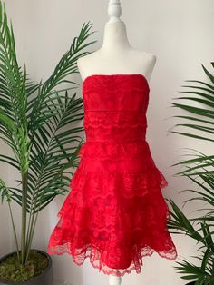 Cherry red, strapless, lace and polka dot, short, formal dress. Dress is fully lined, with tulle sewn into the bottom, zips up the back. Dress is in overall great condition, no rips, tears, snags, holes, etc. Label reads Step in Out, size 9/10.  Measurements Chest 32in/81.5cm Waist  28in/71cm Hips free Length 27.5in/70cm *Please keep in mind that unless otherwise noted, all items in my shop are used or previously owned, normal wear and tear is expected, flaws that are noted are range from major 80s Fancy Dress, In Out, Short Formal Dress, Kpop Fashion Outfits, Back Dress, Kpop Fashion, Tiered Dress, Cherry Red, Fancy Dresses