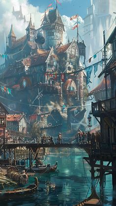 an image of a fantasy city by the water