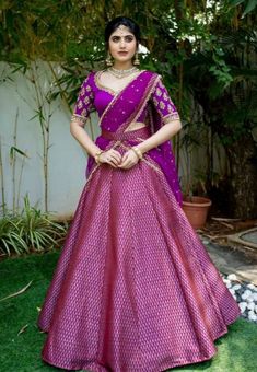 Pattu Langa Blouse Designs For Women, Lehenga Stitching Ideas From Saree, Lahenga Ideas, भारतीय दुल्हन संबंधी, Silk Half Saree, डिजाइनर कपड़े, Sari Lehenga, Langa Voni, Blouse Lehenga