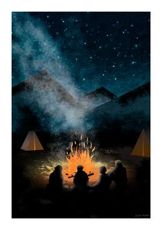 three people sitting around a campfire in the dark with mountains and stars behind them