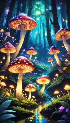 a painting of mushrooms in the woods with water and flowers around them, all lit up