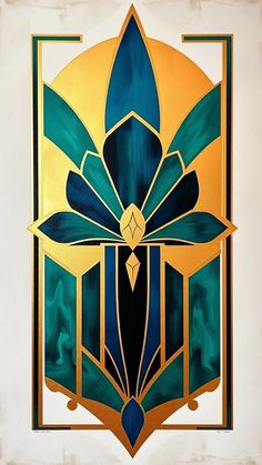 an art deco style painting with blue and gold colors on white paper, featuring a stylized flower in the center