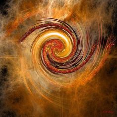 an abstract painting with orange and red swirls