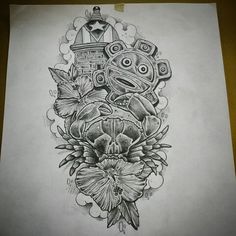 a drawing of flowers and a clock on paper