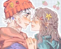 two people are kissing each other in front of an illustration of strawberries and strawberrys