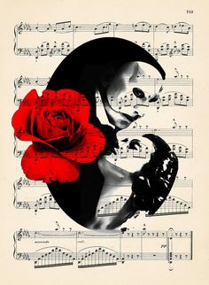 a red rose is in the middle of sheet music with an image of a woman's face