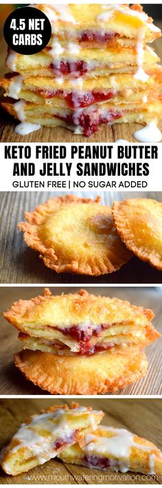 keto fried peanut butter and jelly sandwiches are stacked on top of each other with the recipe below