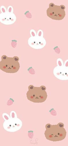 an animal and bunny pattern on a pink background with strawberrys in the shape of bunnies