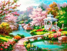 a painting of a garden with flowers and a gazebo in the middle of it