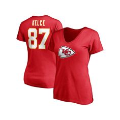 Let your tee show everybody which Kansas City Chiefs player you most look forward to seeing on the field with this Travis Kelce Player Icon Name and Number T-shirt from Fanatics Branded. It features the Kansas City Chiefs logo printed across the front and Travis Kelce graphics with faux mesh numbers on the back. The cotton fabric will also give this V-neck shirt a lightweight, comfortable feel.Let your tee show everybody which Kansas City Chiefs player you most look forward to seeing on the fiel Collegiate Tops For Fan Events With Team Name, Team-colored Tops For Sports Season Fan Events, Team-colored Tops With Team Name For Fan Events, Sports Season Tops With Team Logo For Fan Events, Fan Event Tops With Team Name, Football Season Fan Apparel Jersey Tops, Football Season Jersey Tops With Team Logo, Football Season Team Logo Jersey Tops, Team Spirit Tops For Sports Season Fan Events