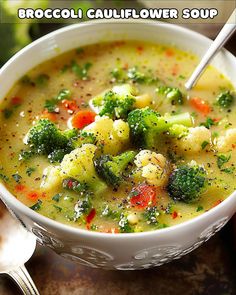 broccoli cauliflower soup in a white bowl