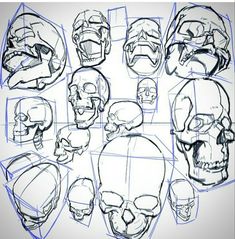 a bunch of skulls that are drawn in blue ink on a white paper with the words,