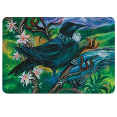 a painting of a black bird sitting on top of a tree branch with white flowers