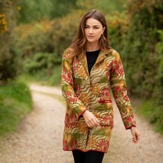 CLASSIC SMALL KANTHA JACKET - SIZE 8/10  Olive green, beige with terracotta and mustard yellow flowers. Similar pattern on front and back. Classic jackets have two front facing pockets and the reverse side has two patch pockets. Tailored fit with three wooden buttons in hidden front facing. Vent at the back. Terracotta trim on hem, pockets and cuffs. Each jacket is unique with a different design and colours on each side.  Chest 90 cm (35.5 ins) when closed. Sleeves 63 cm (24.5 ins) Shoulders 33. Kantha Jacket, Boho Jacket, Classic Jacket, Tailored Jacket, Running Stitch, Mustard Yellow, Etsy Fashion, Olive Green, Classic Style