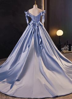 Floor Length Blue Satin Ball Gown Off Shoulder Long Party Dress With Train Blue Sweet 16 Dress, Blue Satin Ball Gown, Ball Gown Off Shoulder, Blue Satin Prom Dress, Formal Dress Blue, Gown Off Shoulder, Blue Sweet 16, Long Party Dress, Satin Ball Gown