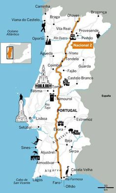 a map showing the location of major cities and towns in portugal, with an orange arrow pointing