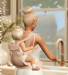 an image of a woman with a child on her back in front of a sink