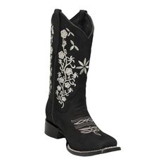 Womens cowboy boots made of genuine leather. Available in three beautiful colors. Each boot is embroidered with floral detailed stitching. The fashionable square toe boot with the beautiful decorated accents adds a vintage Retro style. They look great with jeans, shorts, dresses, and skirts. It has a Leather Sole, which will provide durability and comfort. Reinforced stitched leather pull straps for easy pull up. The boot lining is also leather adding to the quality and craftsmanship of the boot Black Boots Western, Mexican Botas, Black Square Toe Boots, Bisexual Wallpaper, Black Quince, Womens Cowboy Boots, Cute Cowgirl Boots, Black Western Boots, Black Cowgirl Boots