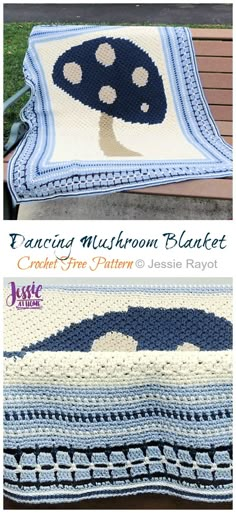 a crocheted blanket with mushrooms on it and the words, dancing mushroom blanket