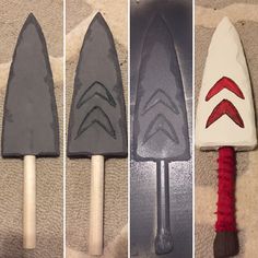 three different types of knifes with handles and blades on the top one is red, the other is gray