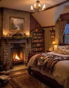 a bedroom with a fire place in the fireplace and bookshelves on the wall