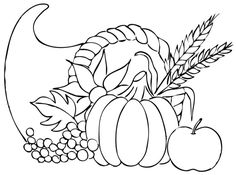 a black and white thanksgiving coloring page with pumpkins, apples and cornucts