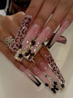 Long Acrylic Nails Black Design, Bling Bday Nails, Boujie Nail Designs, Blinged Out Nail Sets, Deep French Tip Acrylic Nails, Frenchie Nail Ideas, Jaguar Nail Designs, Long Blinged Out Nails