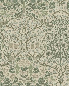 Morris & Co. x McGee & Co. Blackthorn Wallpaper Neutral Damask Wallpaper, Wallpaper On Two Walls, Morris And Co Pimpernel Wallpaper, Moody Library Wallpaper, Green Moody Wallpaper, Green Kitchen Cabinets With Wallpaper, Mcgee And Co Wallpaper, Colonial Style Wallpaper, Morris And Co Wallpaper