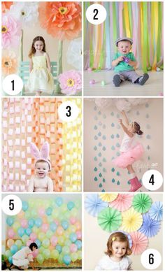 a collage of photos with balloons, flowers and other things to do for your baby's first birthday