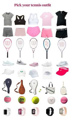 the tennis racket has many different types of clothing on it, including t - shirts and shorts