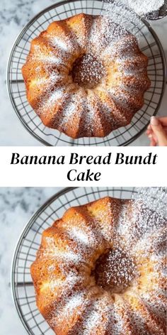 two photos of a bundt cake with powdered sugar on top and the bottom