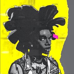 an image of a woman with black hair and large afros on her head in front of a yellow background